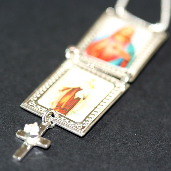 Gargantilha Escapulário de Prata 925 Nossa Senhora do Carmo e Sagrado Coração de Jesus 70cm